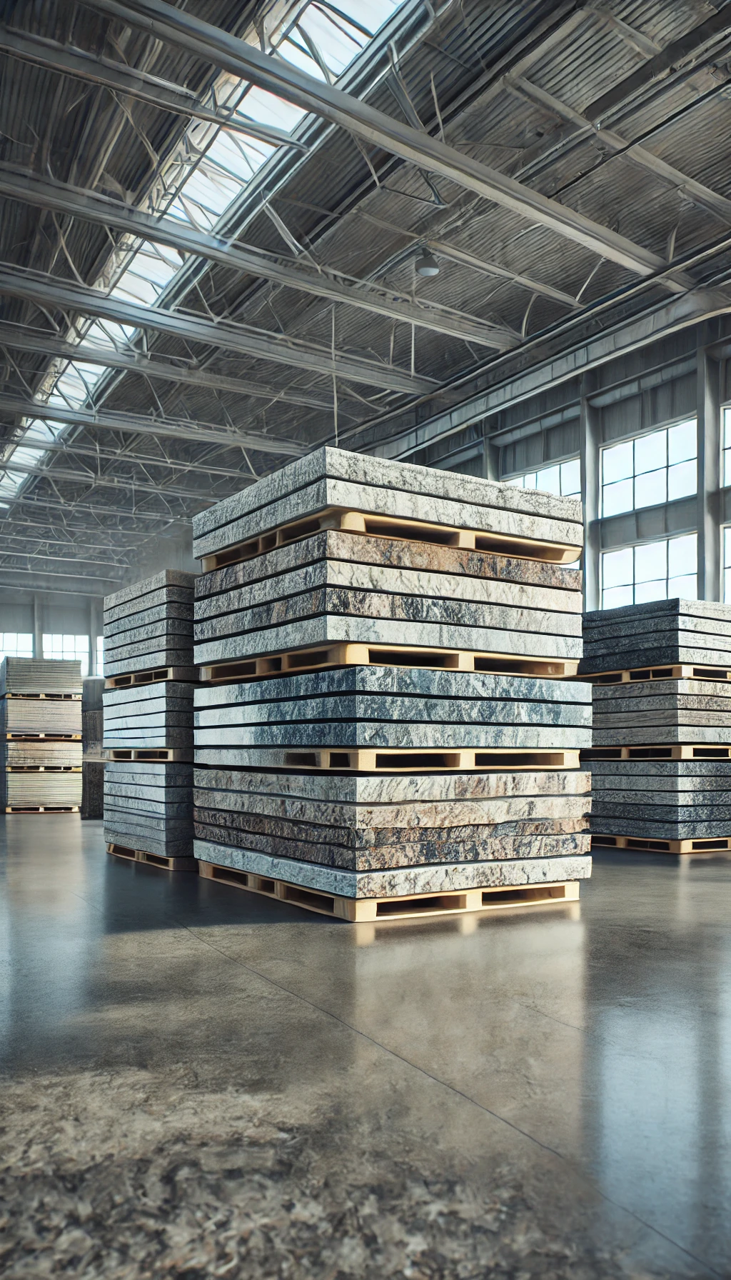 DALL·E 2025-01-12 22.47.06 – A realistic portrait-oriented image featuring neatly stacked premium granite slabs of various colors and patterns in a clean, professional warehouse s